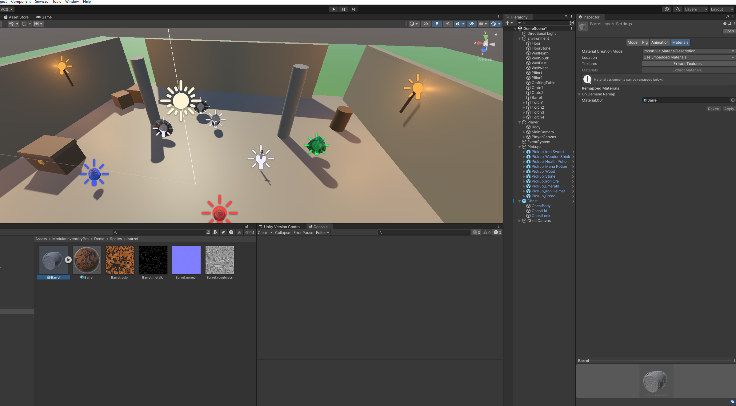 Unity mostrando el modelo del barril y la asignación de su material