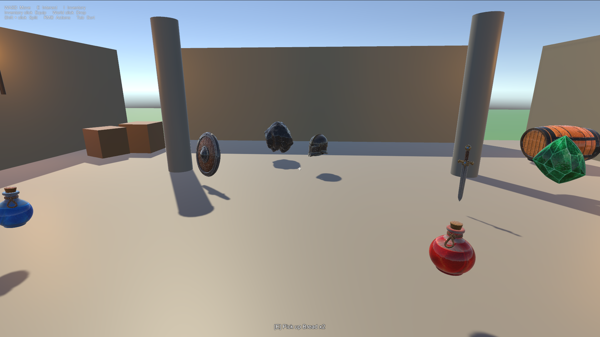 Escena de demostración de Modular Inventory Pro con objetos recogibles