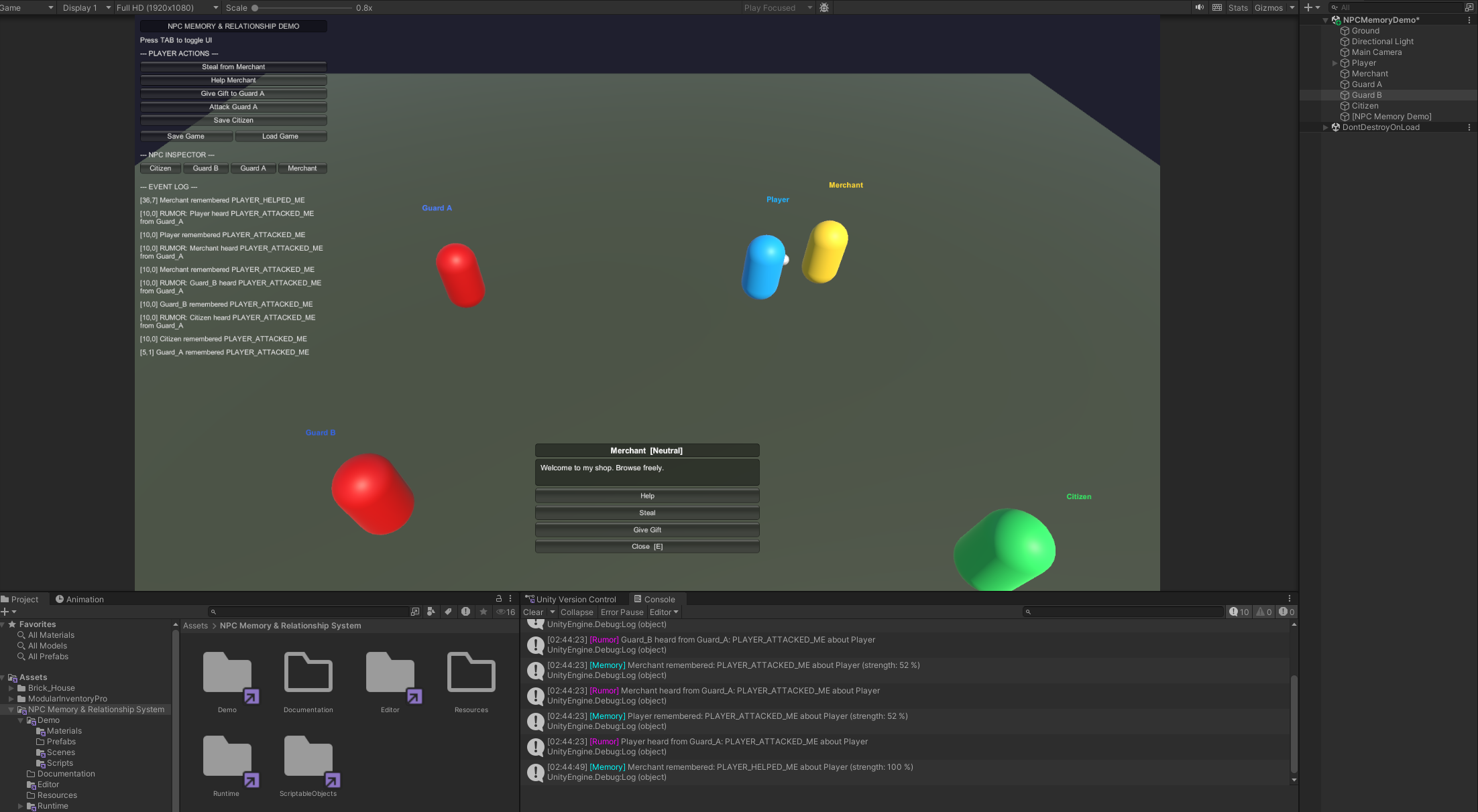 Escena de juego con el comerciante mostrando diálogo y estructura de carpetas